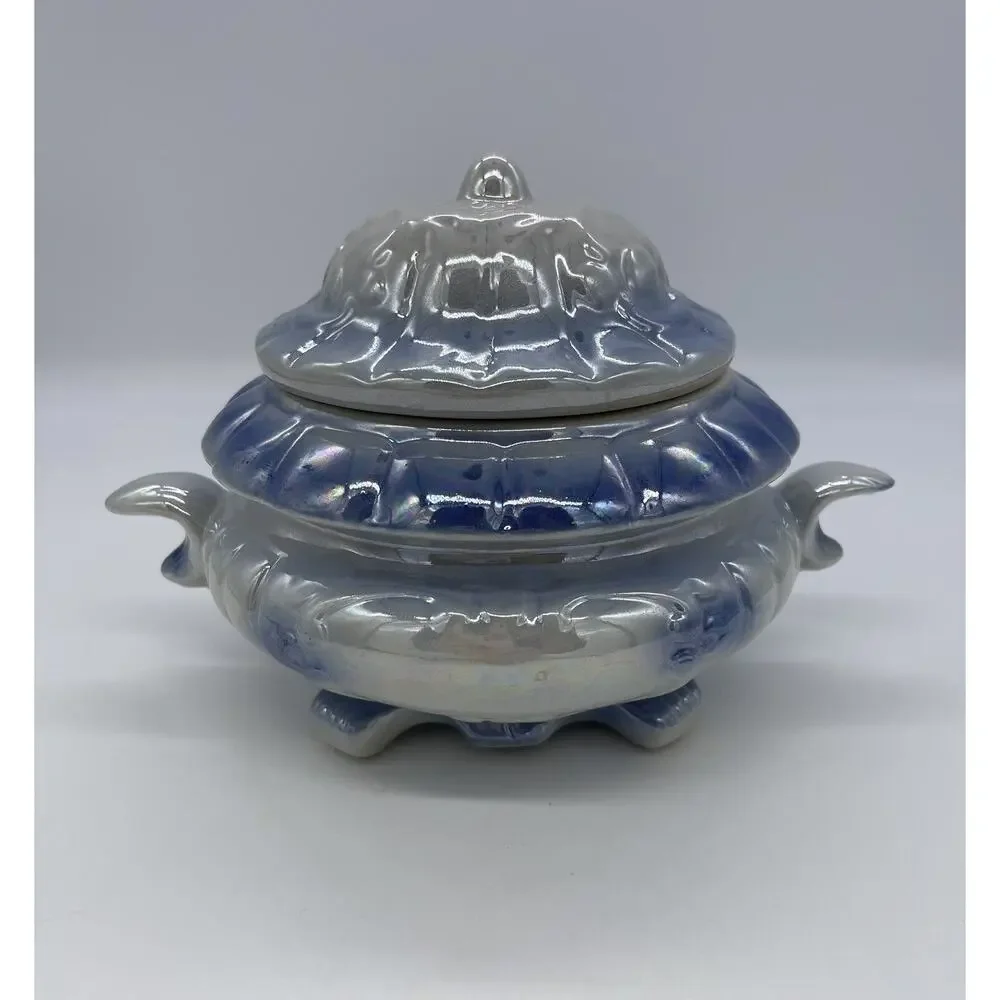 Vintage Lusterware Ceramic Bowl w/ Lid Blue & White